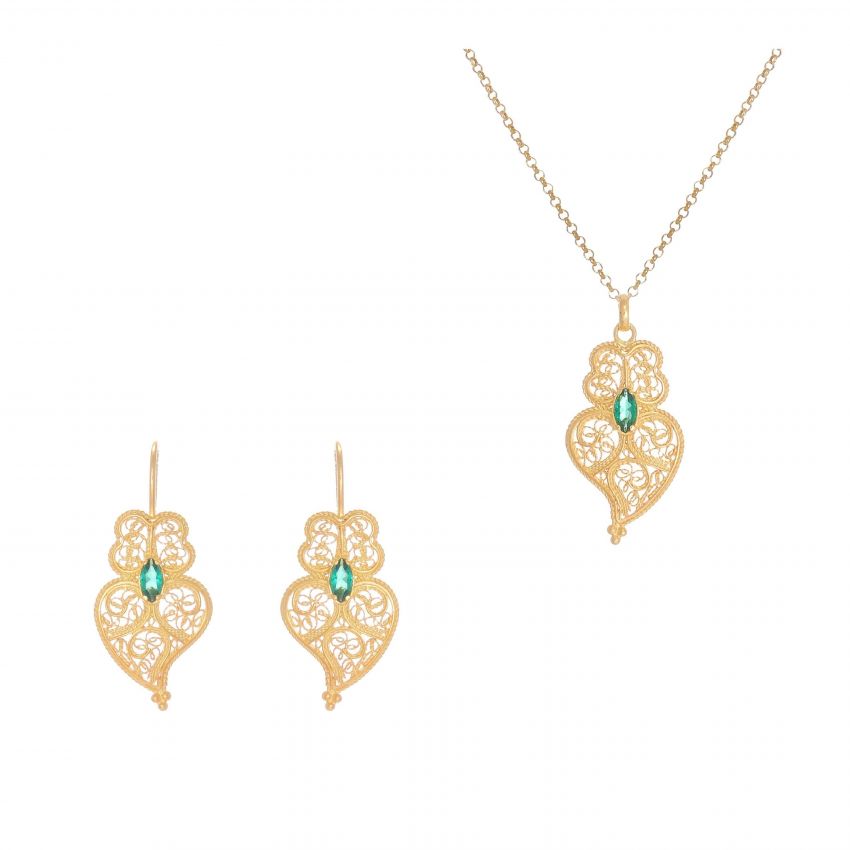 Set Earrings and Necklace Heart of Viana Green in Gold Plated Silver 