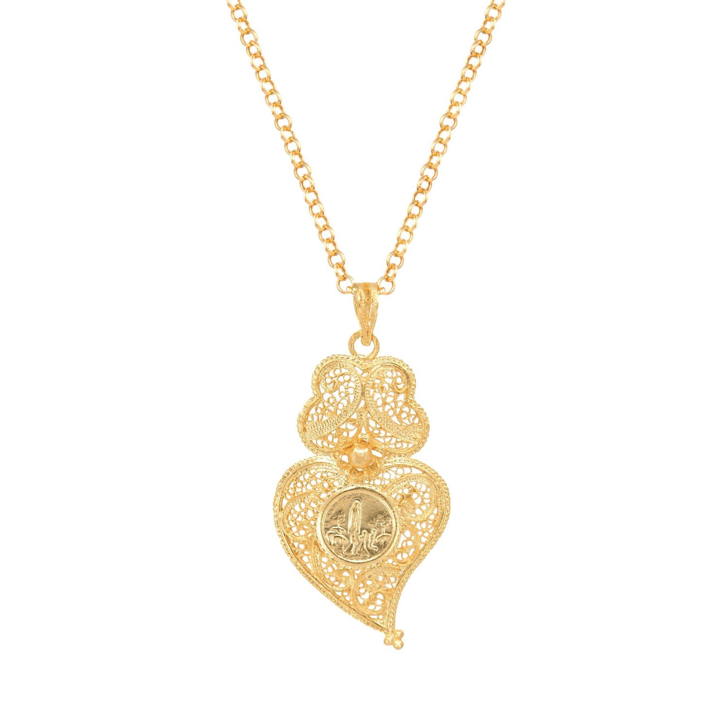 Colar Coração de Viana com Nossa Senhora de Fátima em Prata Dourada Colar Coração de Viana com Nossa Senhora de Fátima em Prata Dourada