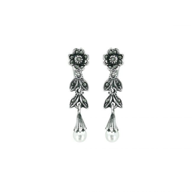 Earrings Teardrop with Marcasites and Pearl in Silver 