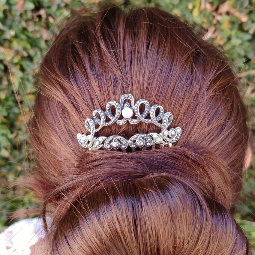 Hair Comb with Marcasites and Pearls in Silver 