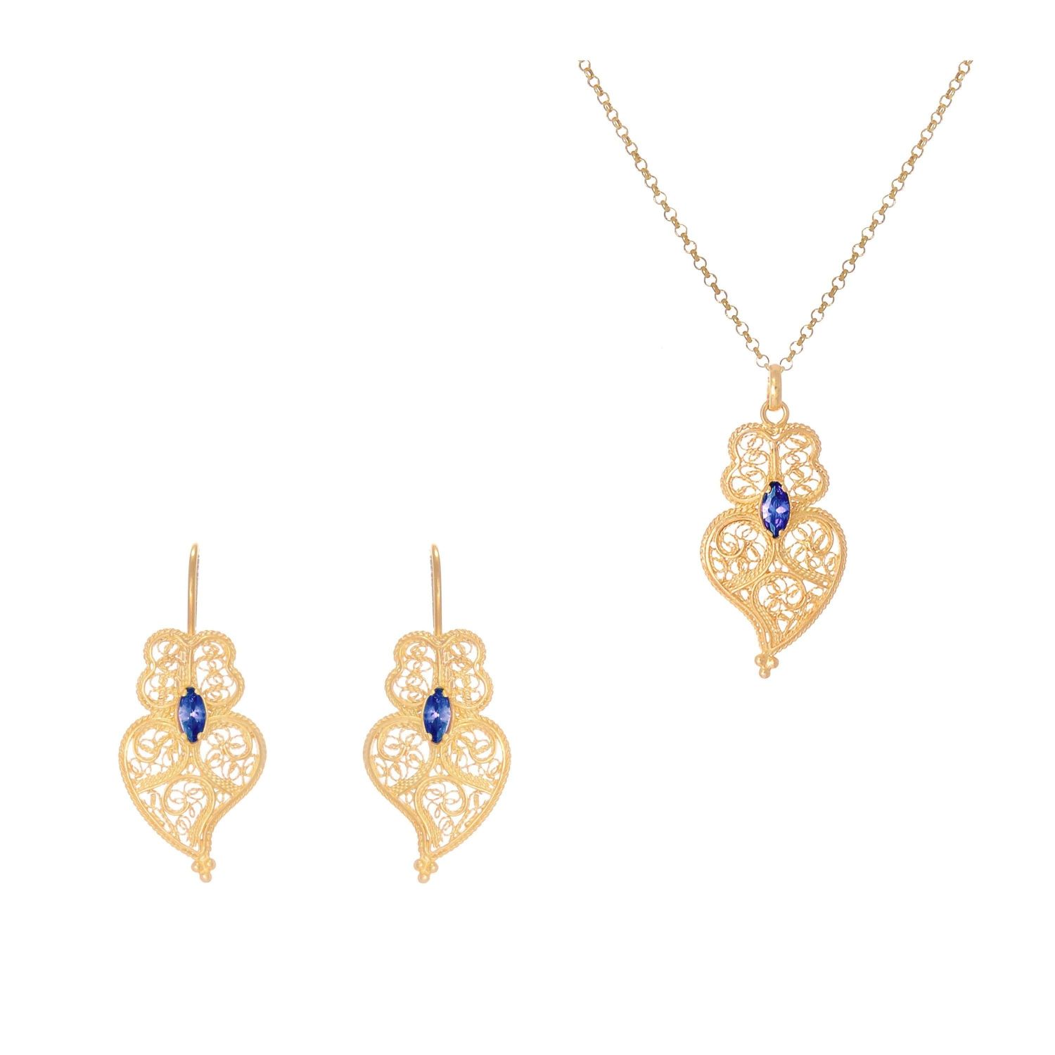 Conjunto Brincos e Colar Coração de Viana Azul em Prata Dourada Conjunto Brincos e Colar Coração de Viana Azul em Prata Dourada