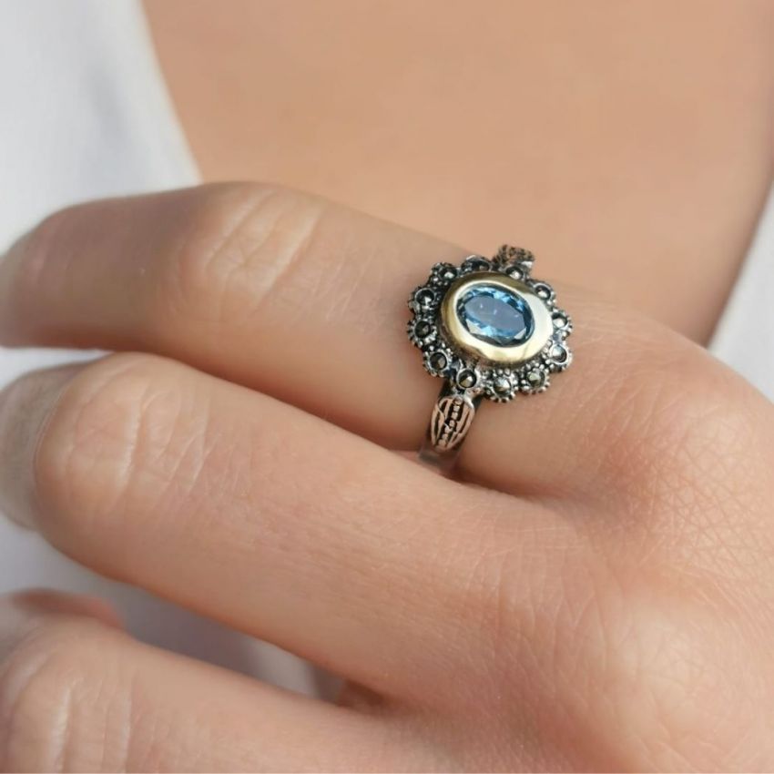 Anel Azul Marcassites em Prata e Ouro 