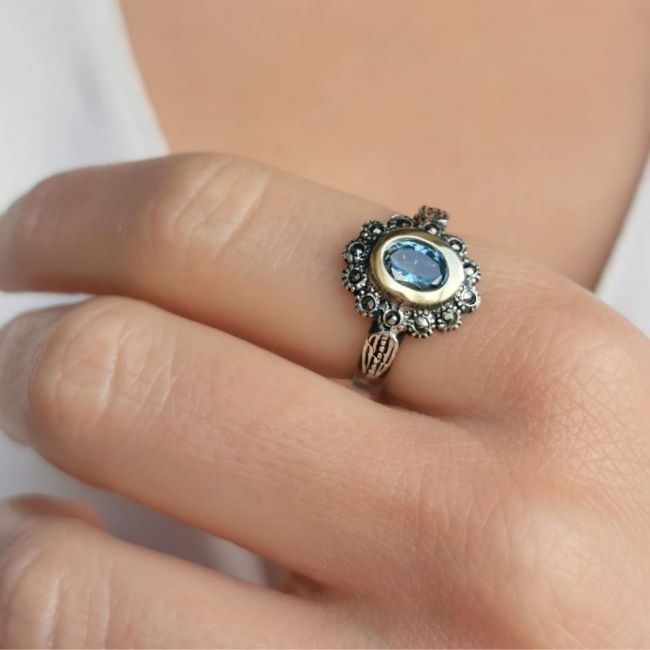 Anel Azul Marcassites em Prata e Ouro 