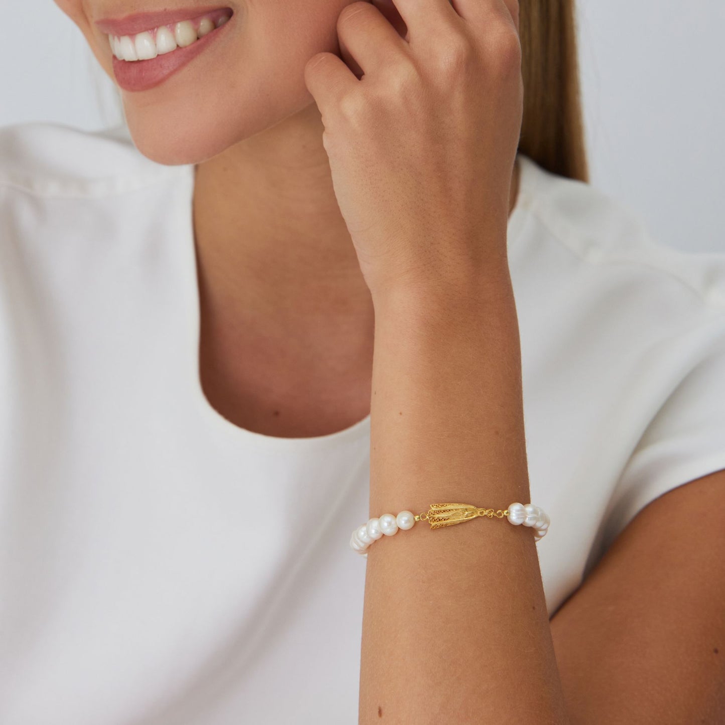 Bracelet Our Lady of Fátima in Gold Plated Silver with Pearls