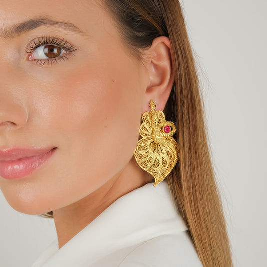 Earrings Heart Snake Red in Gold Plated Silver