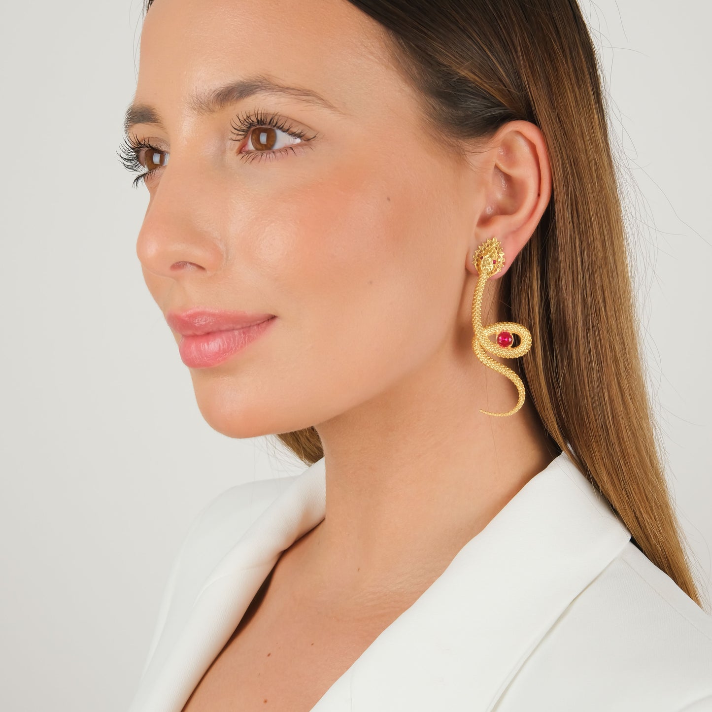 Earrings Snake Red in Gold Plated Silver