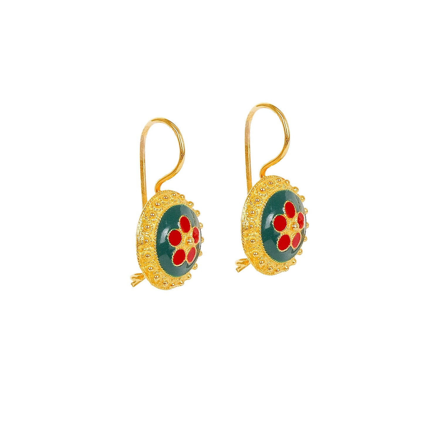 Earrings Green and Red Caramujo in Gold Plated Silver