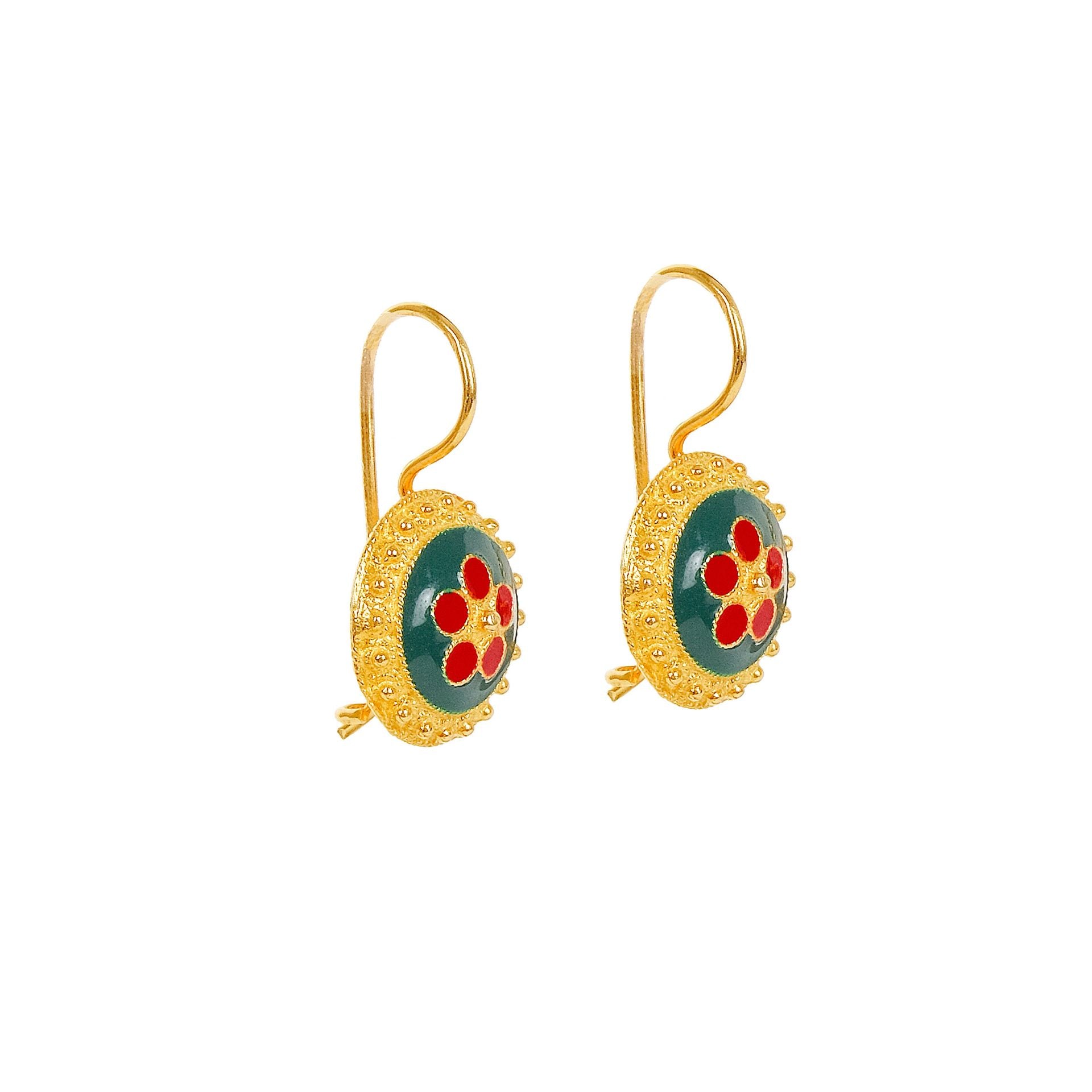 Earrings Green and Red Caramujo in Gold Plated Silver