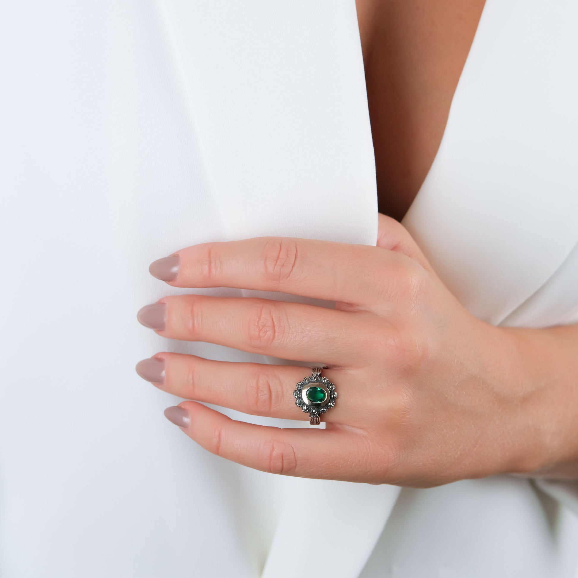 Ring Green Marcasites in Silver and Gold