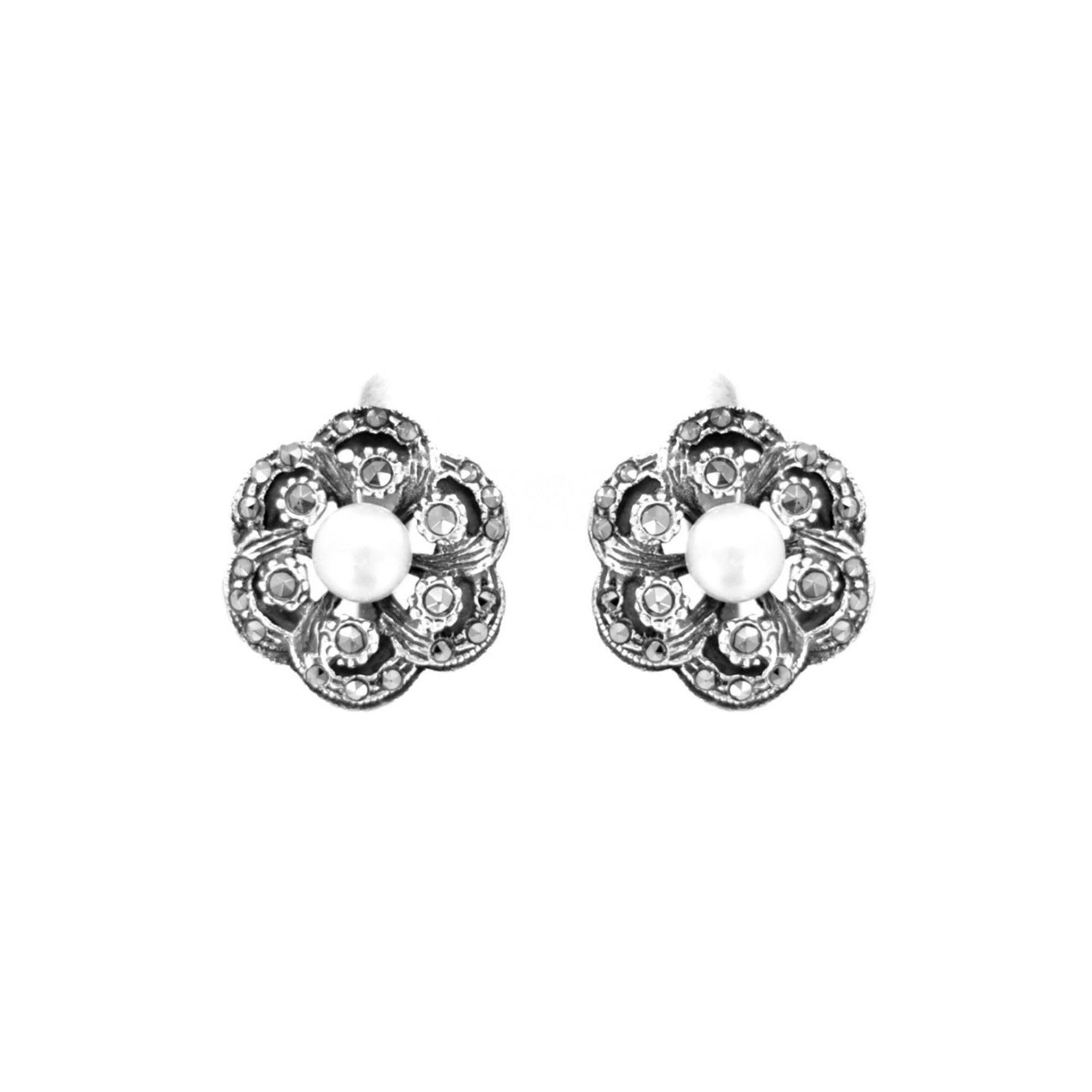 Earrings Flower with Marcasites and Pearl in Silver