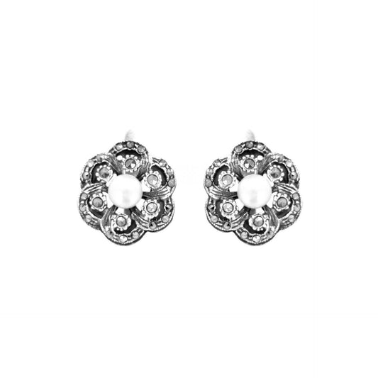 Earrings Flower with Marcasites and Pearl in Silver
