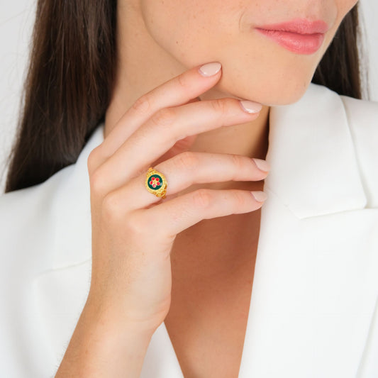 Ring Green and Red Caramujo in Gold Plated Silver