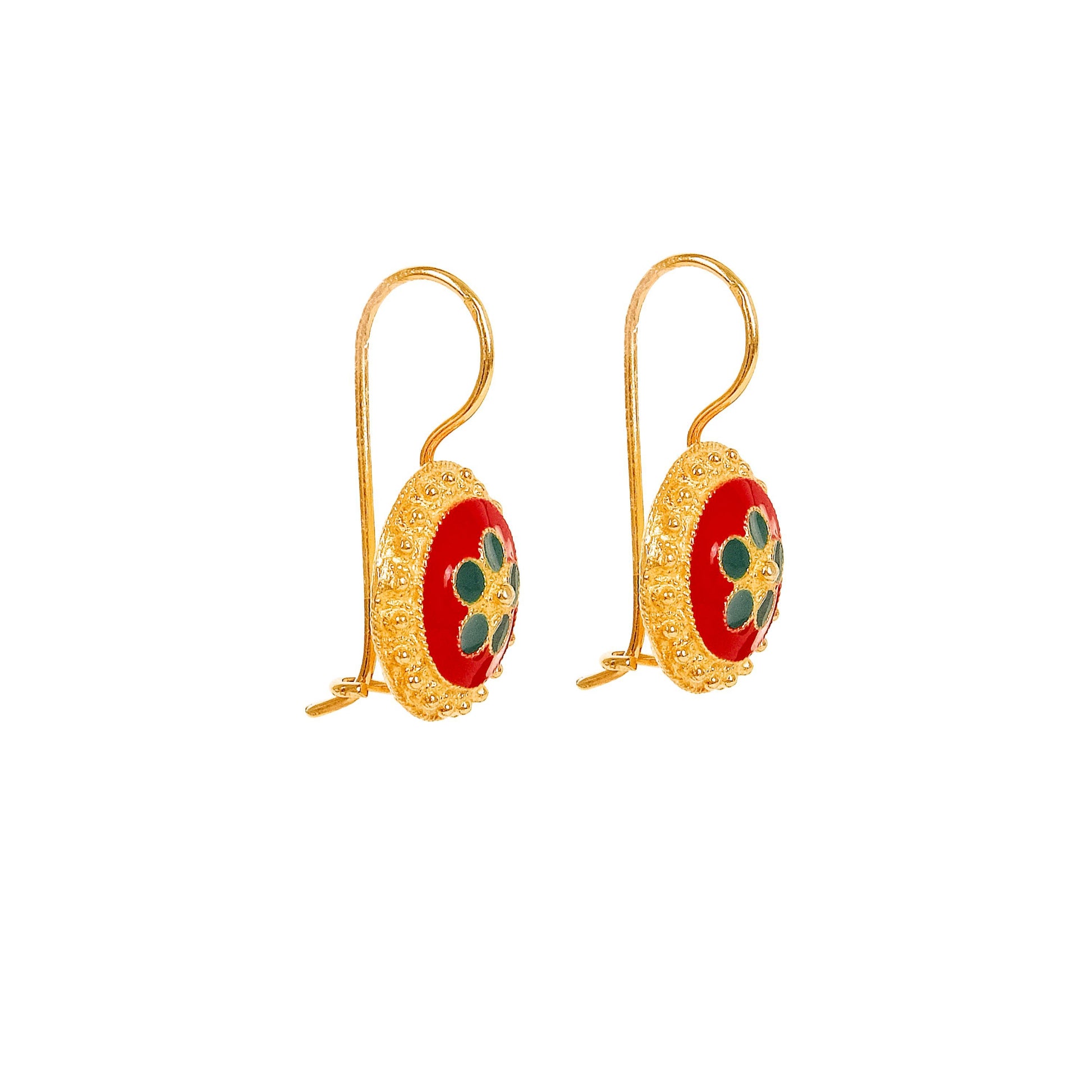 Earrings Red and Green Caramujo in Gold Plated Silver