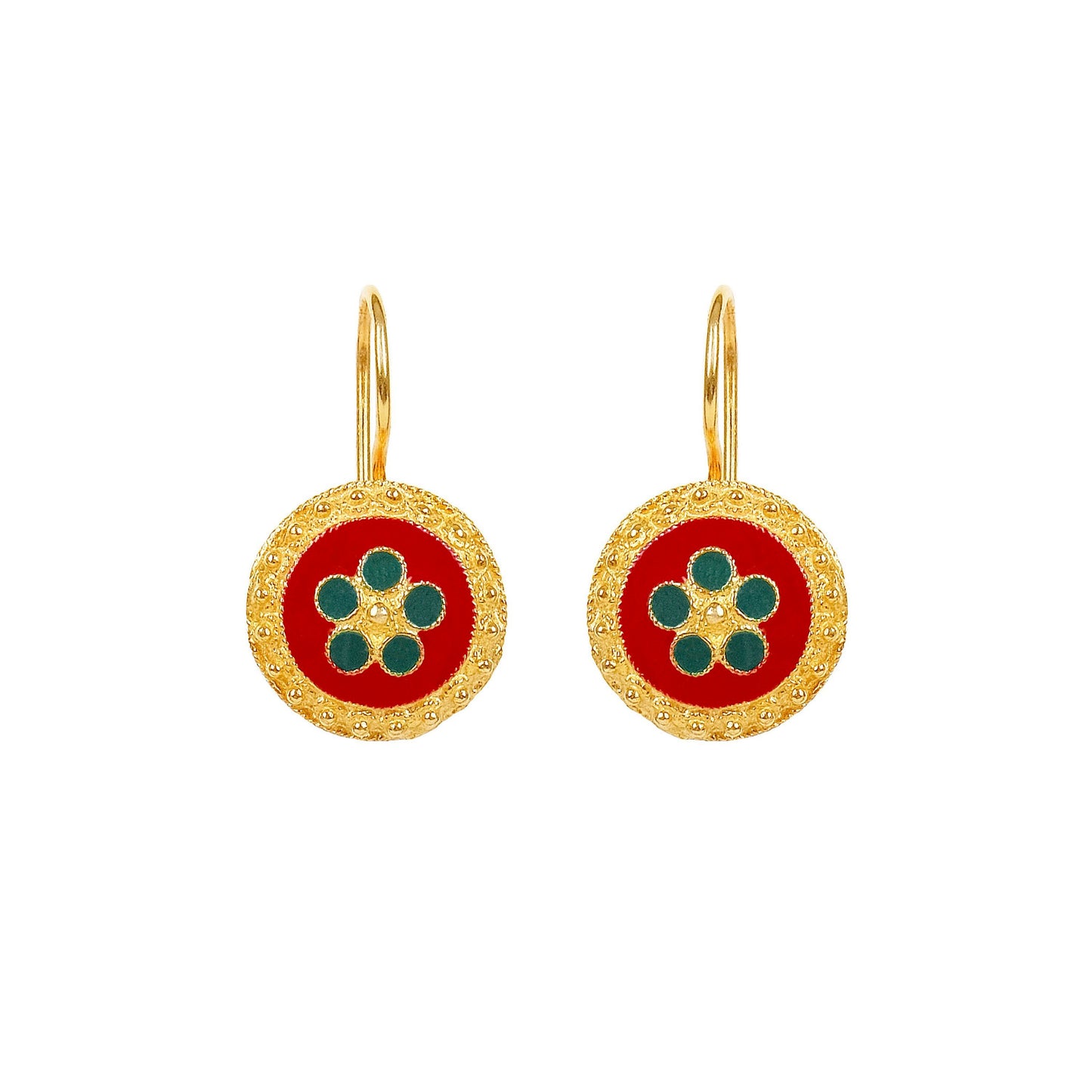 Earrings Red and Green Caramujo in Gold Plated Silver
