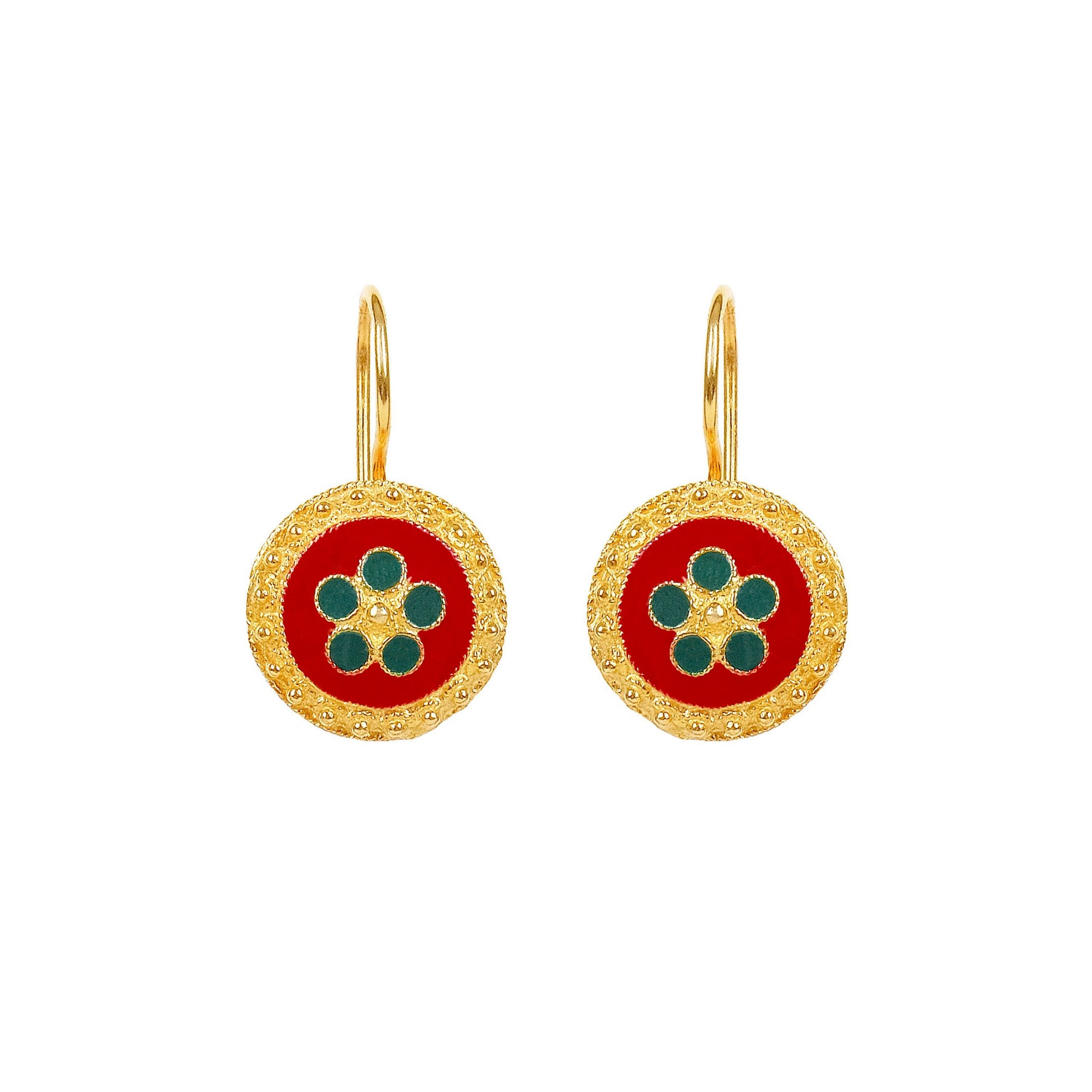 Earrings Red and Green Caramujo in Gold Plated Silver