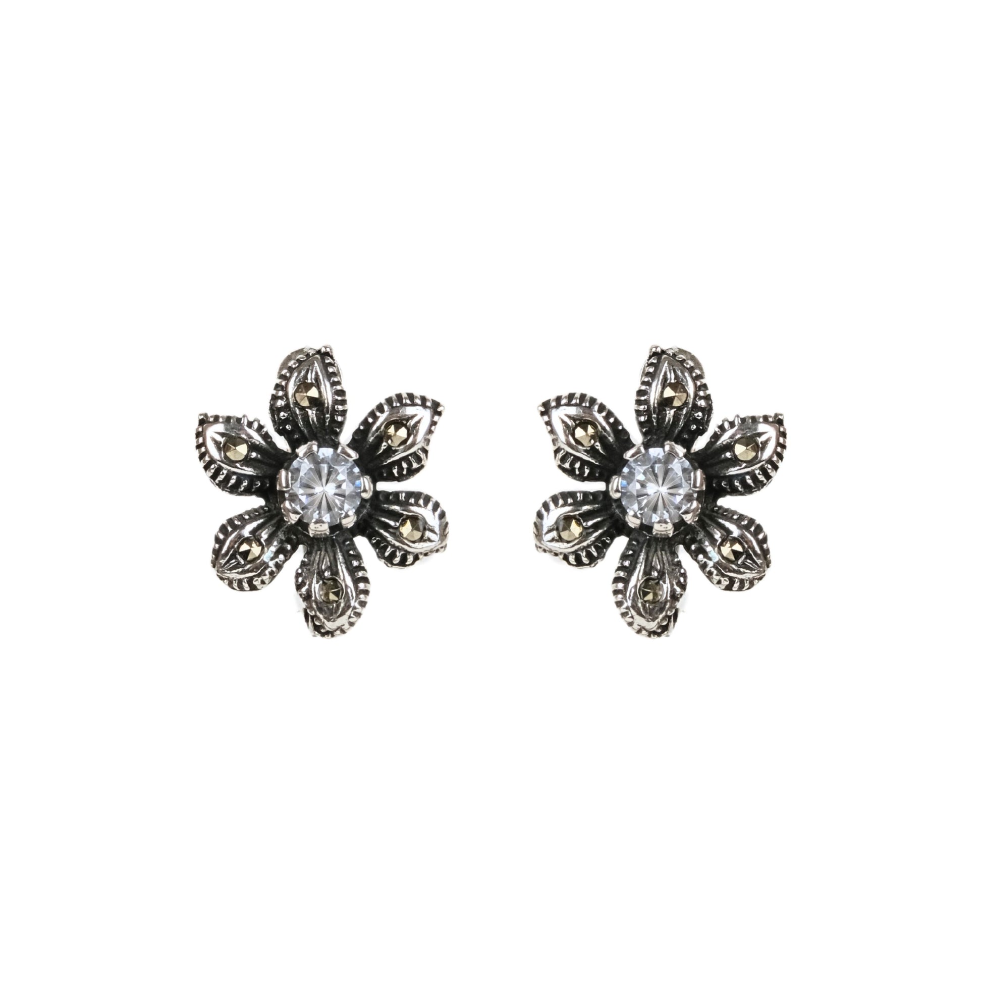 Earrings Flower with Marcasites and Zirconia in Silver