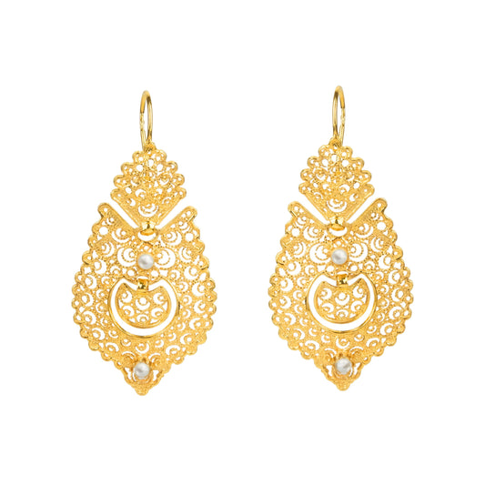 Queen Earrings Filigree in Gold Plated Silver with Pearls