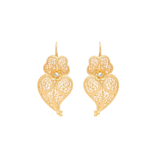 Earrings Heart of Viana 3,5cm in Gold Plated Silver with Pearl