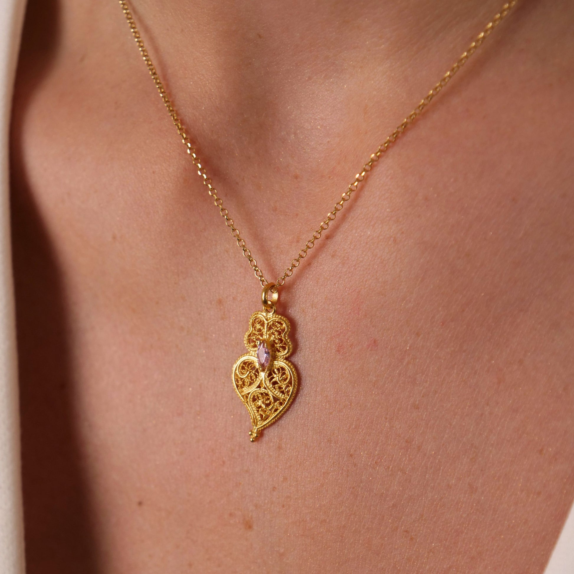 Necklace Heart of Viana Pink in Gold Plated Silver styled on model