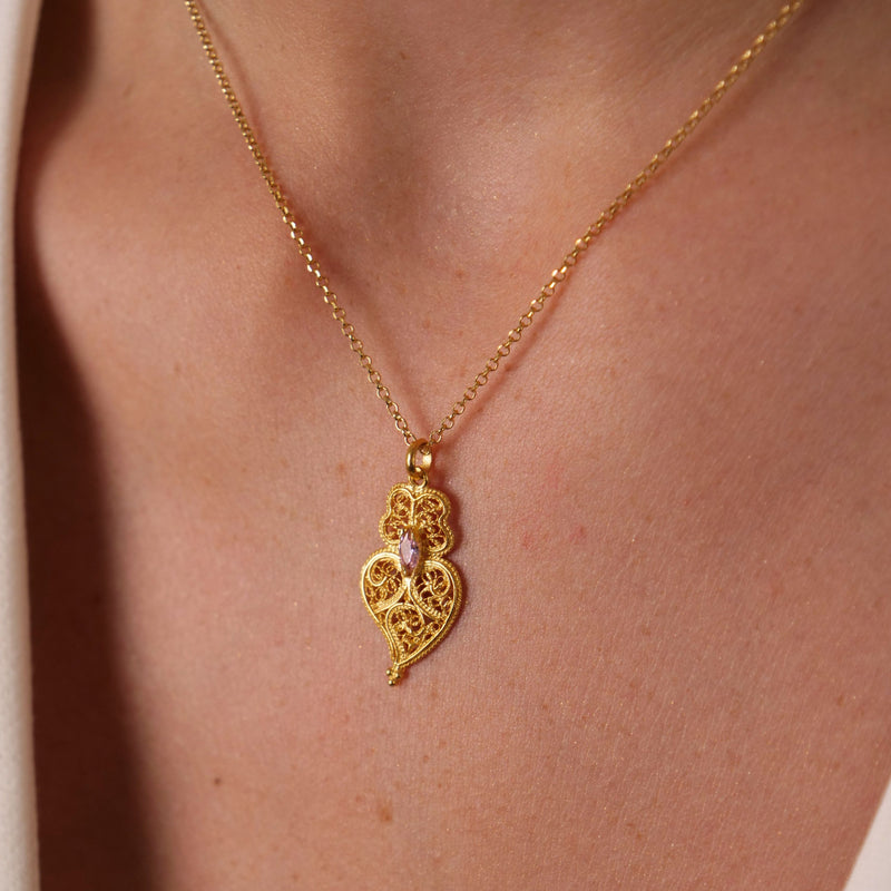 Necklace Heart of Viana Pink in Gold Plated Silver styled on model