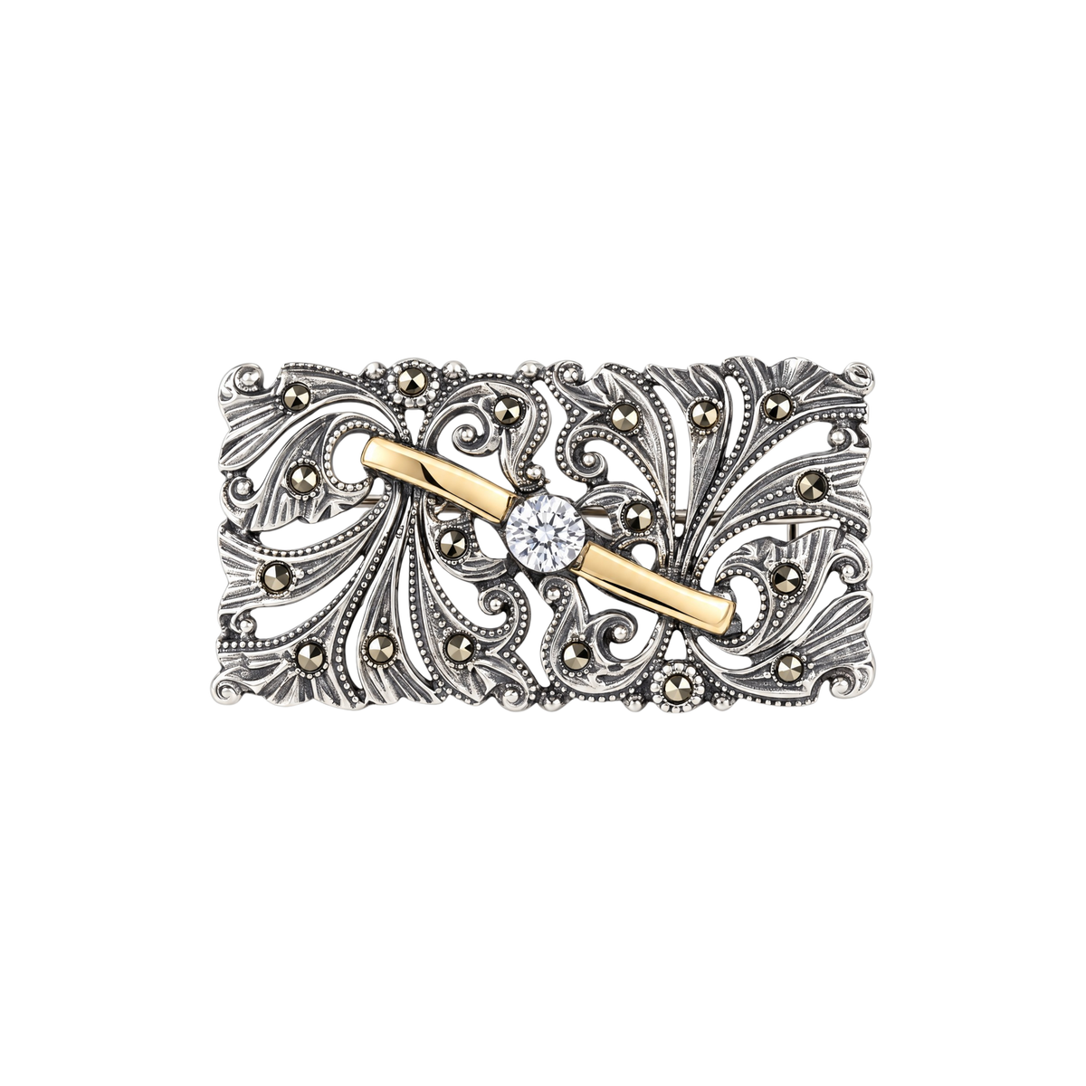 Brooch Rectangular with Marcasites in Silver and Gold - Marcasites Collection