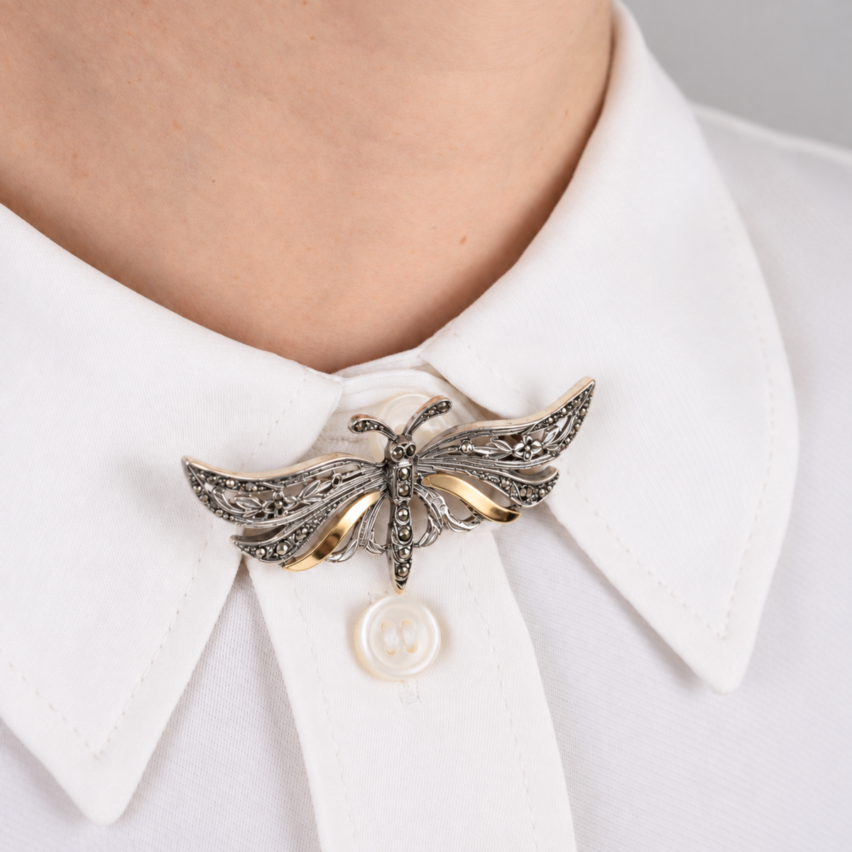 Brooch Butterfly with Marcasites in Silver and Gold - Marcasites Collection