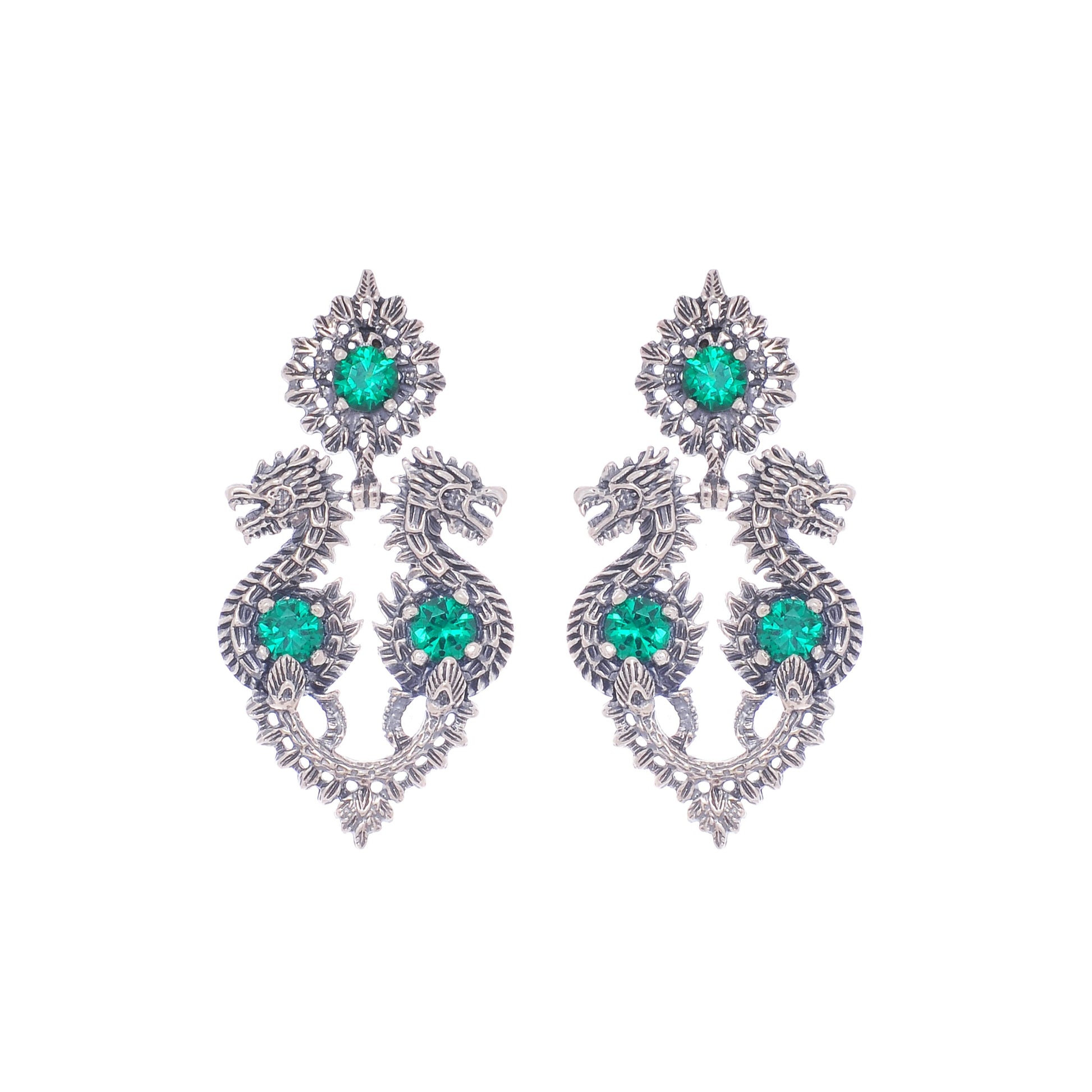 Earrings Queen Dragon Green in Silver