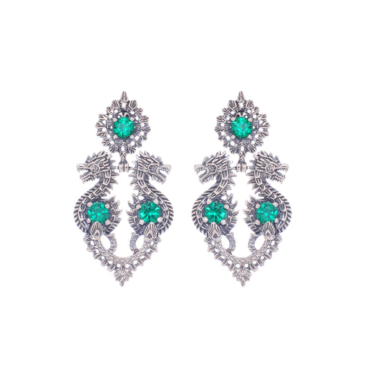 Earrings Queen Dragon Green in Silver