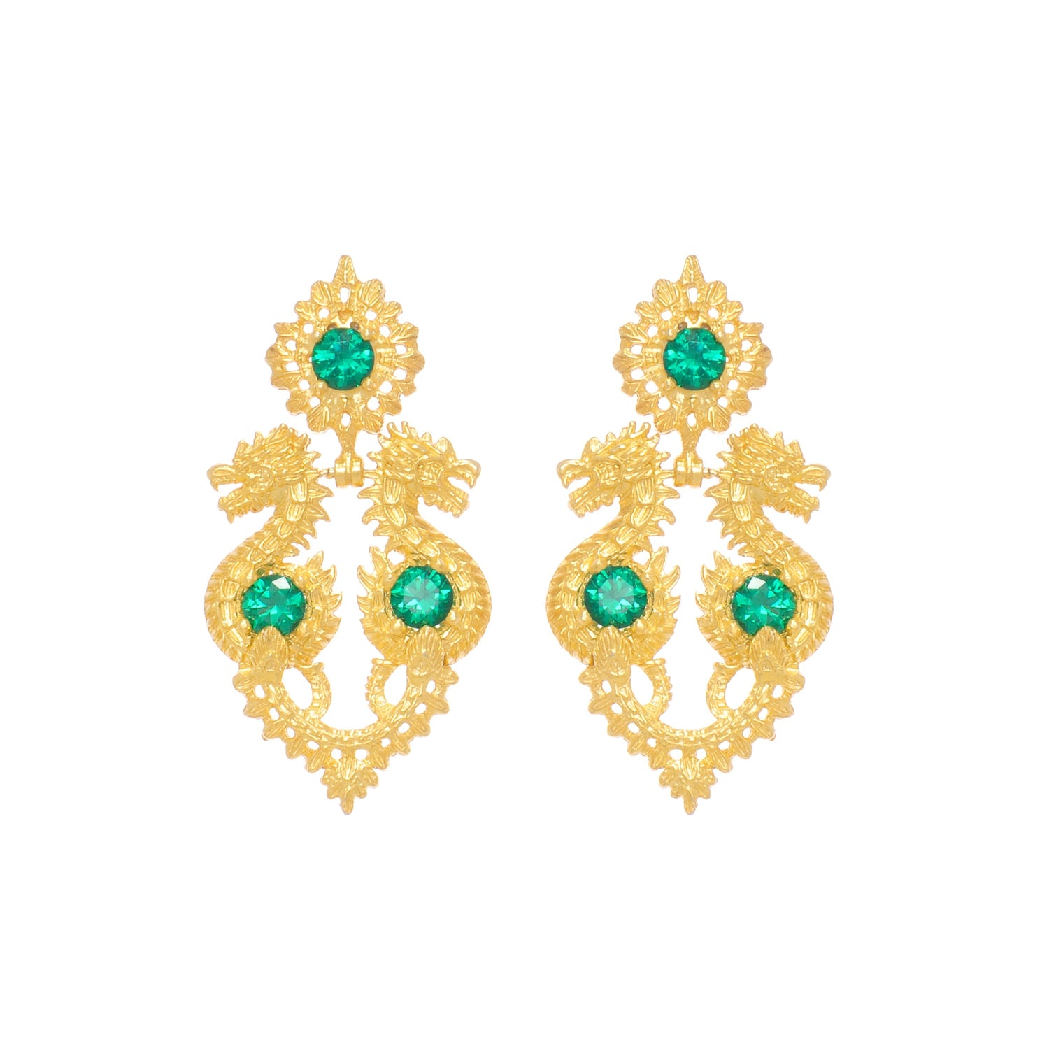 Earrings Queen Dragon Green in Gold Plated Silver