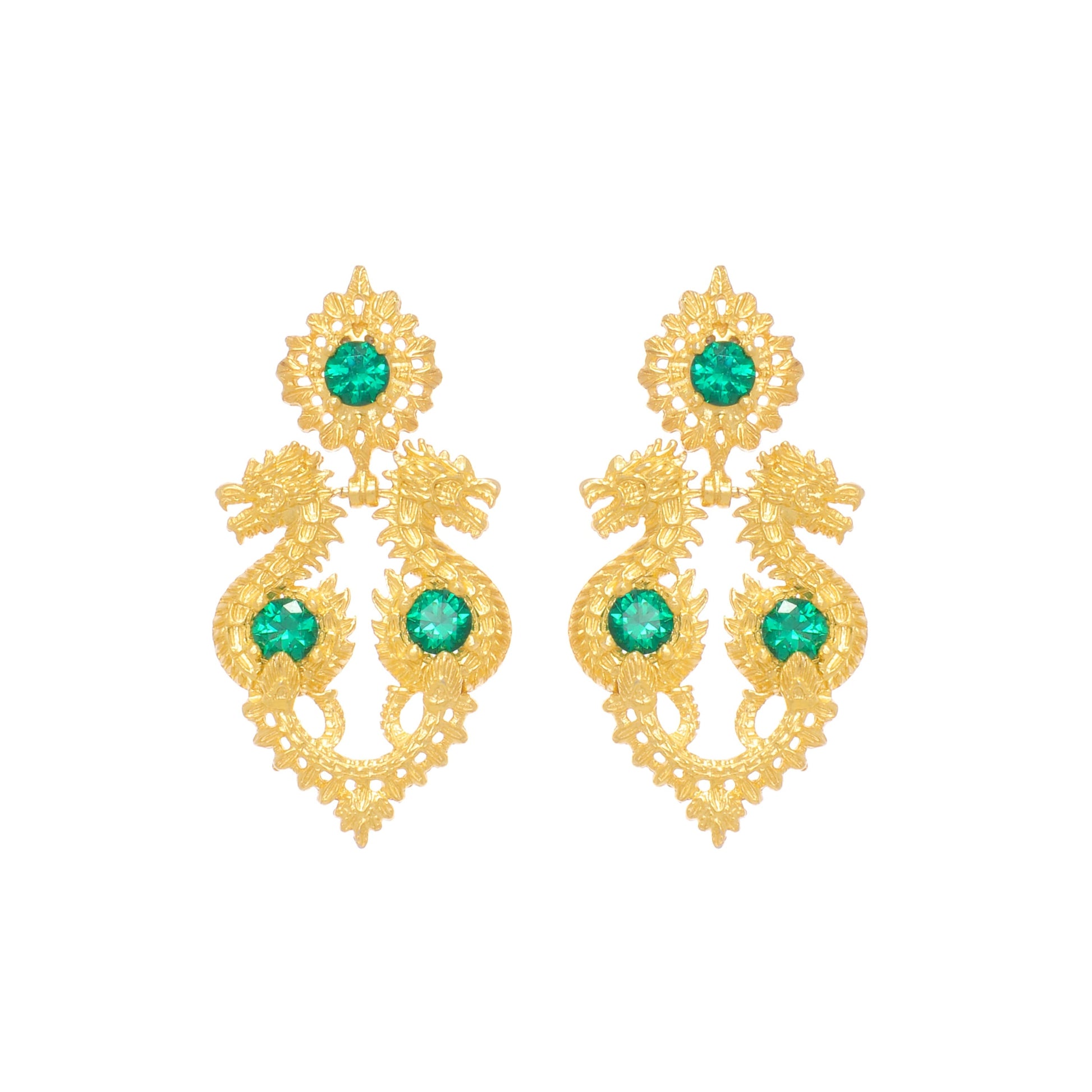 Earrings Queen Dragon Green in Gold Plated Silver