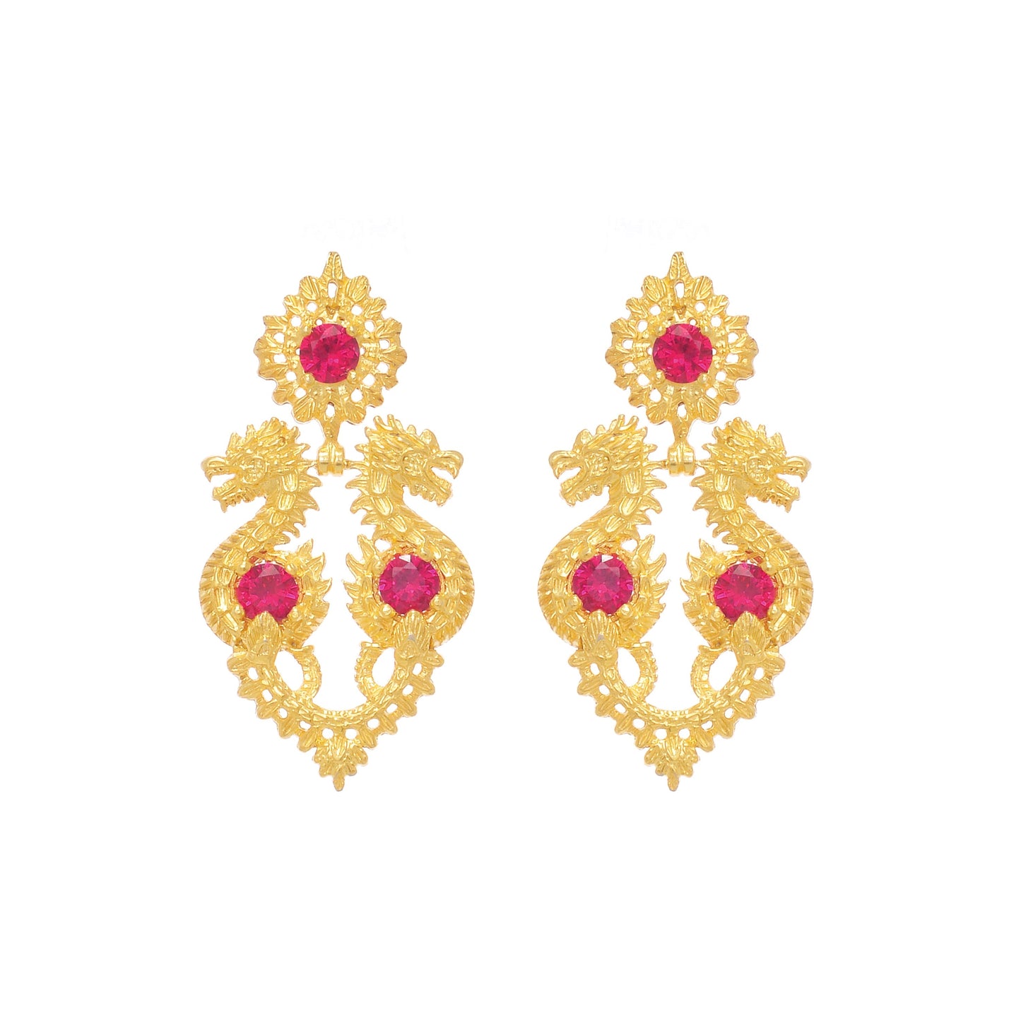 Earrings Queen Dragon Red in Gold Plated Silver