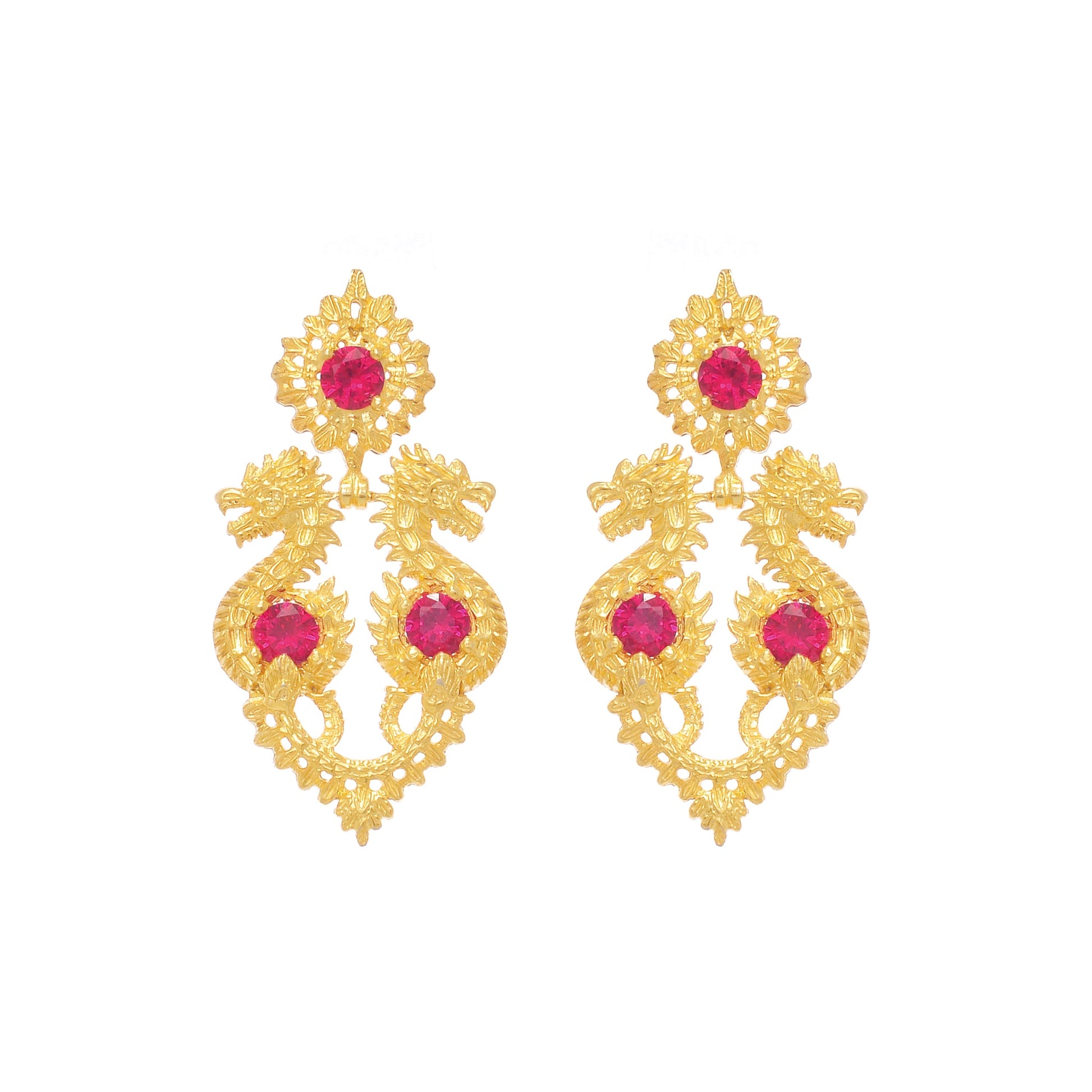 Earrings Queen Dragon Red in Gold Plated Silver