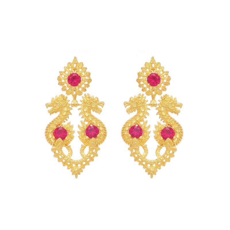 Earrings Queen Dragon Red in Gold Plated Silver