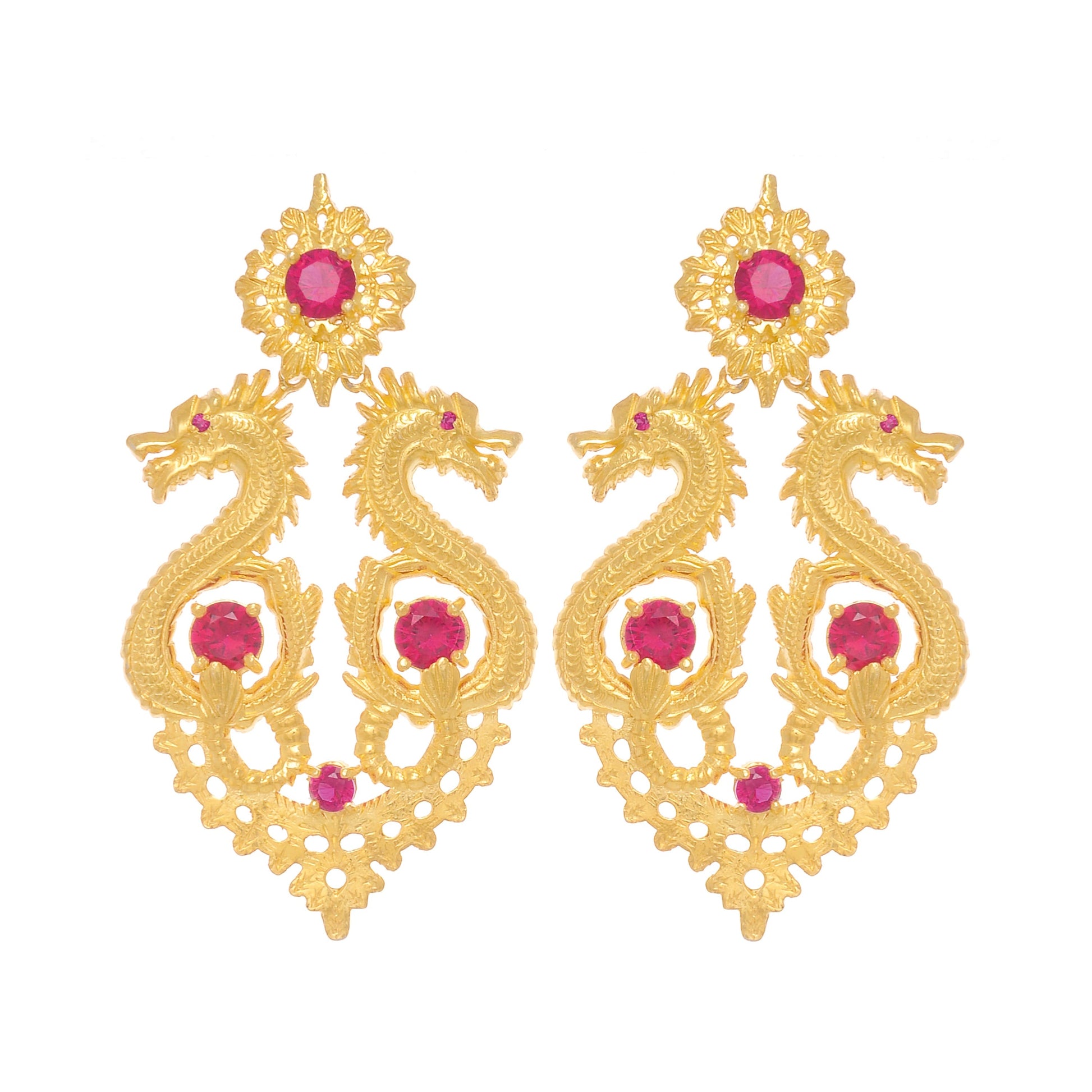 Earrings Queen Dragon XL Red in Gold Plated Silver