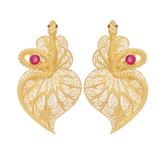 Earrings Heart Snake Red in Gold Plated Silver