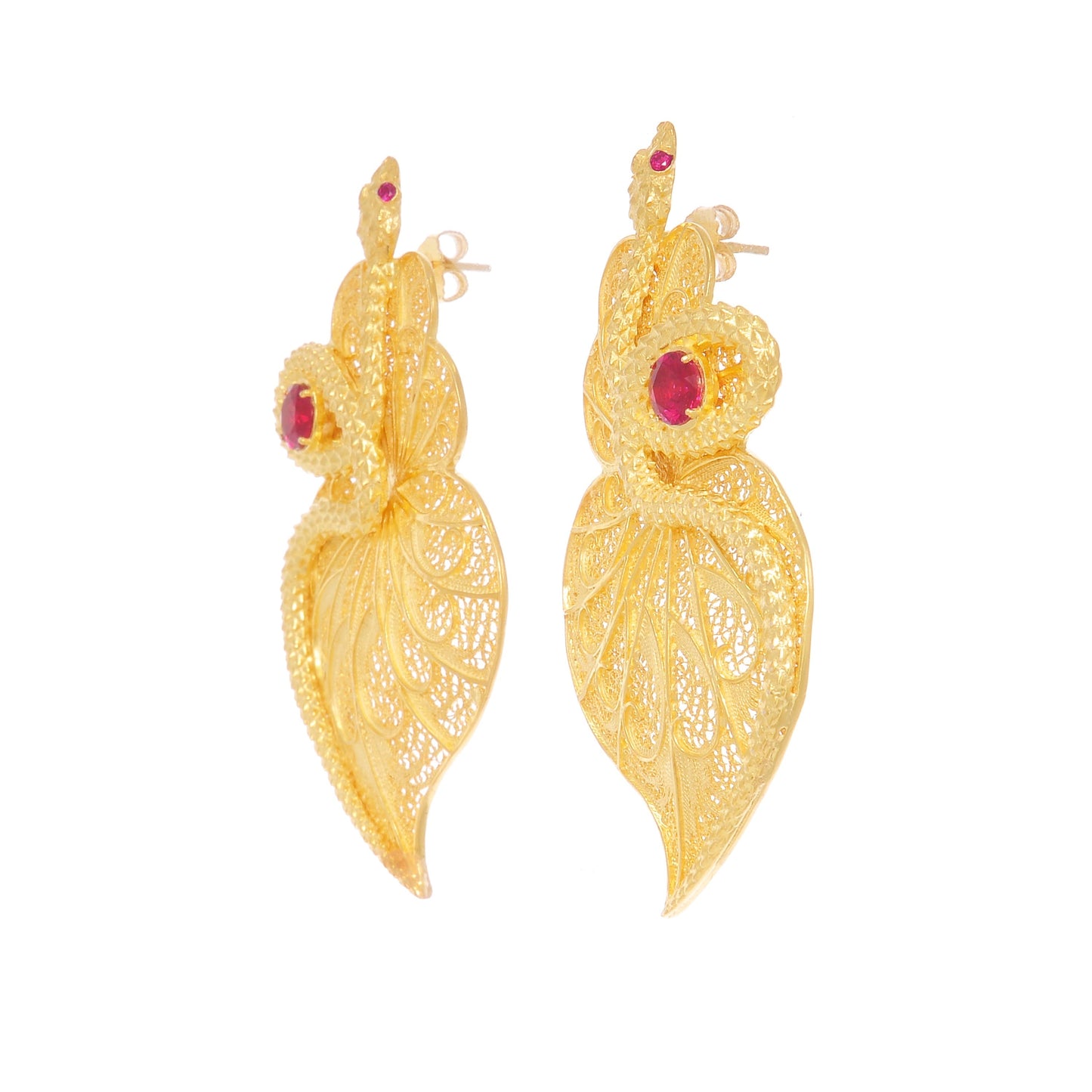 Earrings Heart Snake Red in Gold Plated Silver
