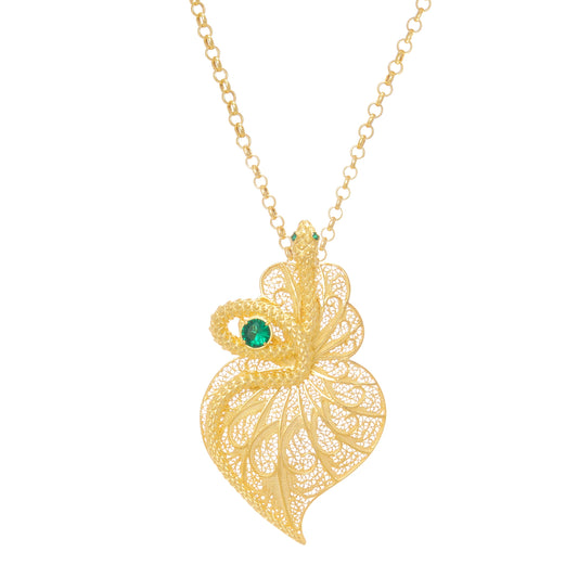 Necklace Heart Snake Green in Gold Plated Silver