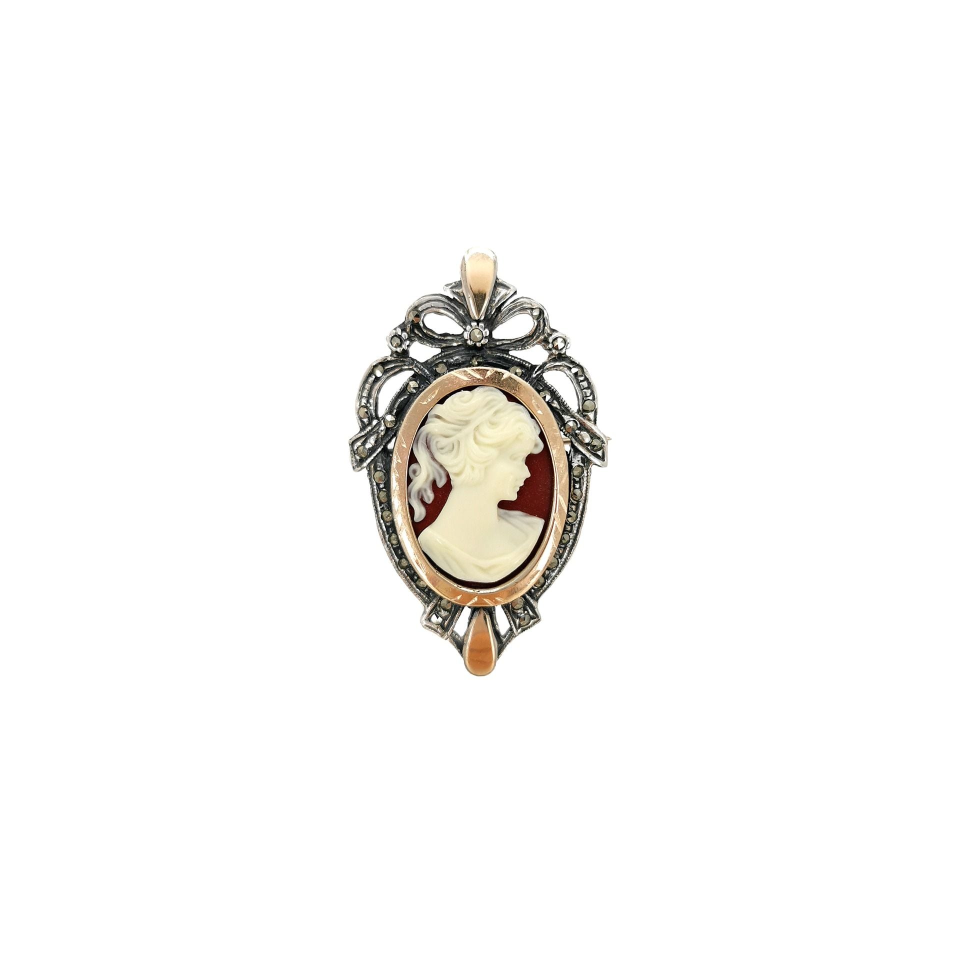Brooch Cameo with Marcasites in Silver and Gold