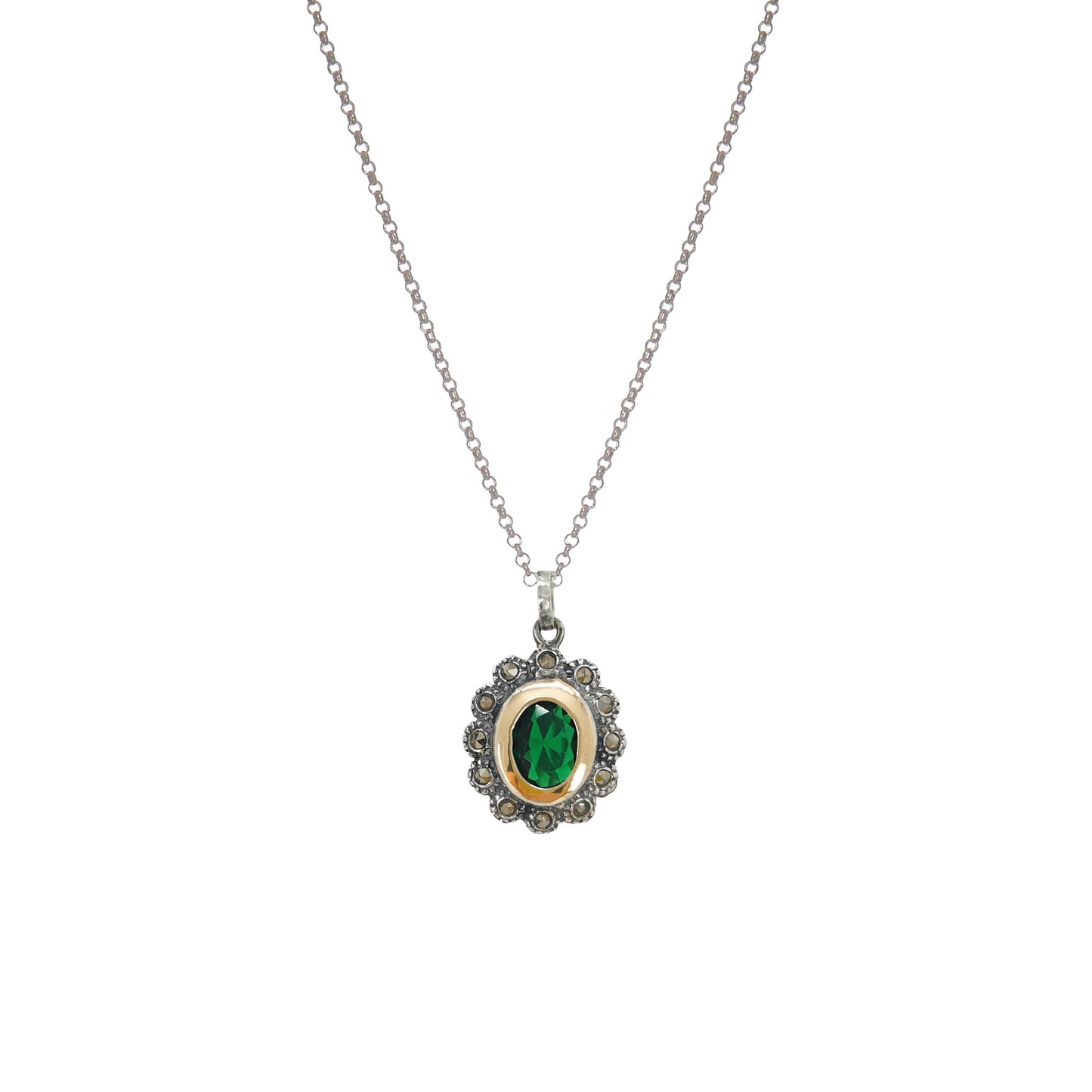 Necklace Green Marcasites in Silver and Gold
