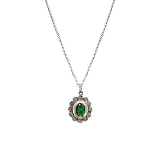 Necklace Green Marcasites in Silver and Gold