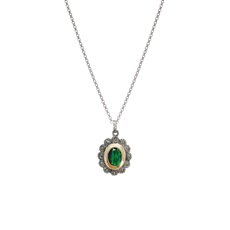 Necklace Green Marcasites in Silver and Gold