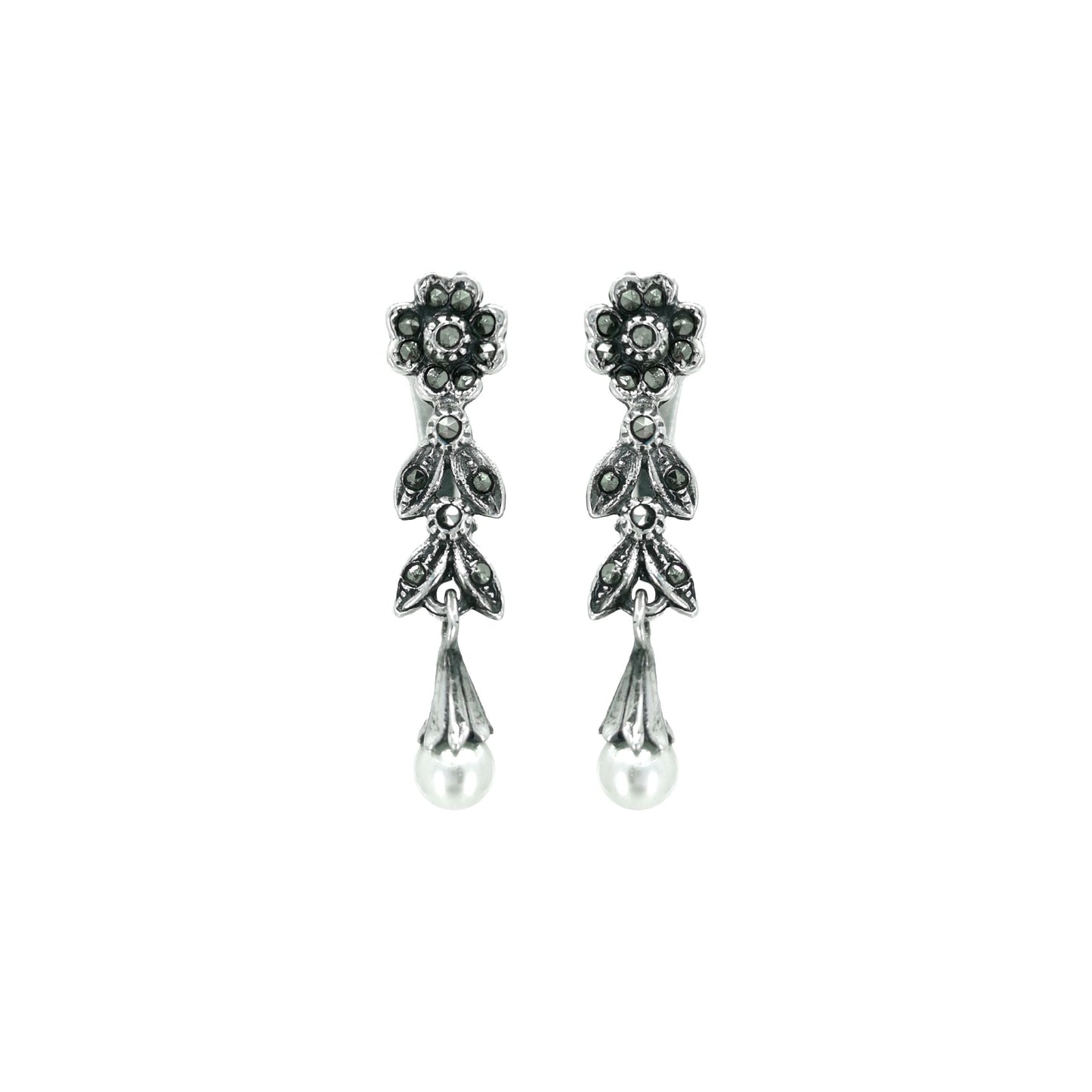 Earrings Teardrop with Marcasites and Pearl in Silver
