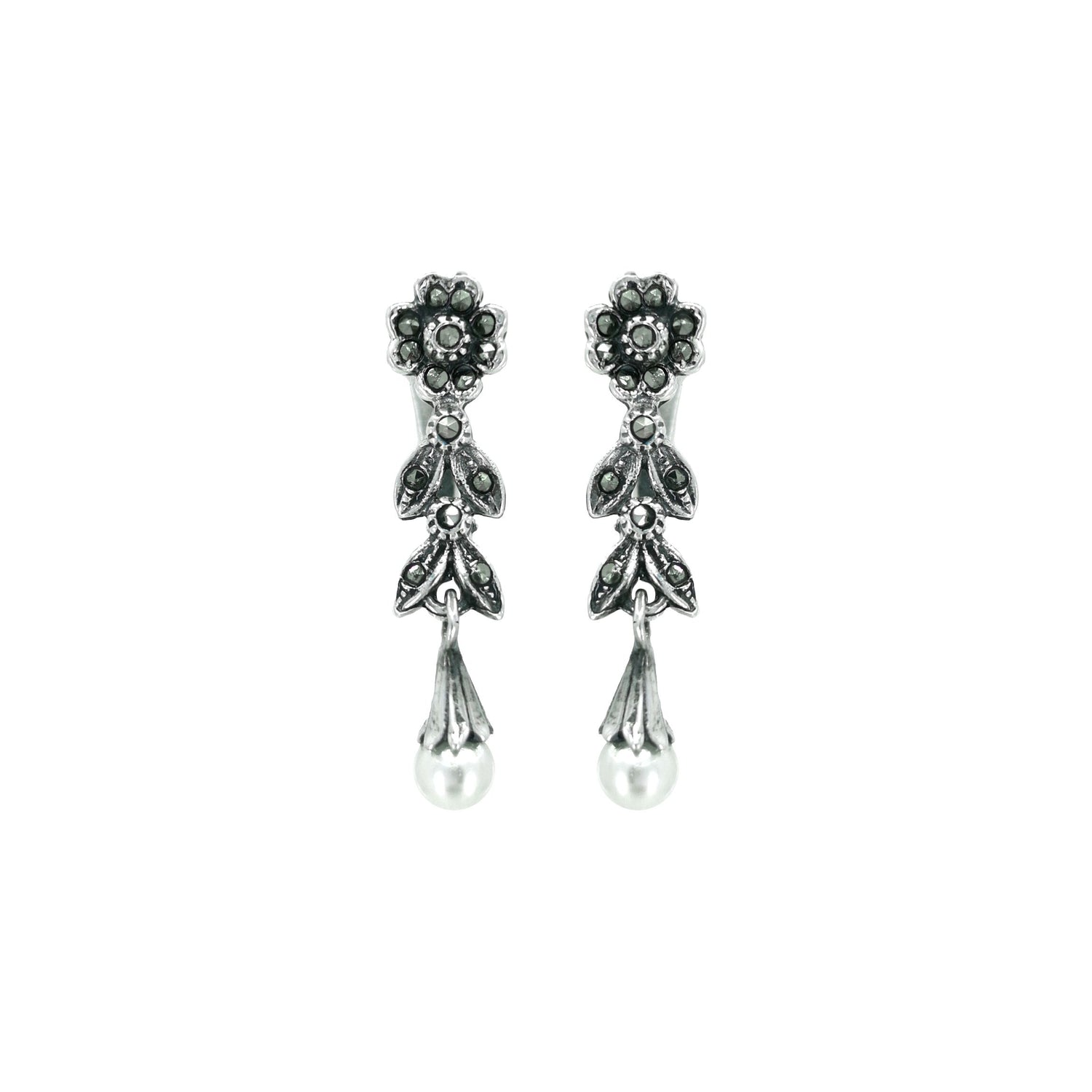 Earrings Teardrop with Marcasites and Pearl in Silver - Marcasites Collection