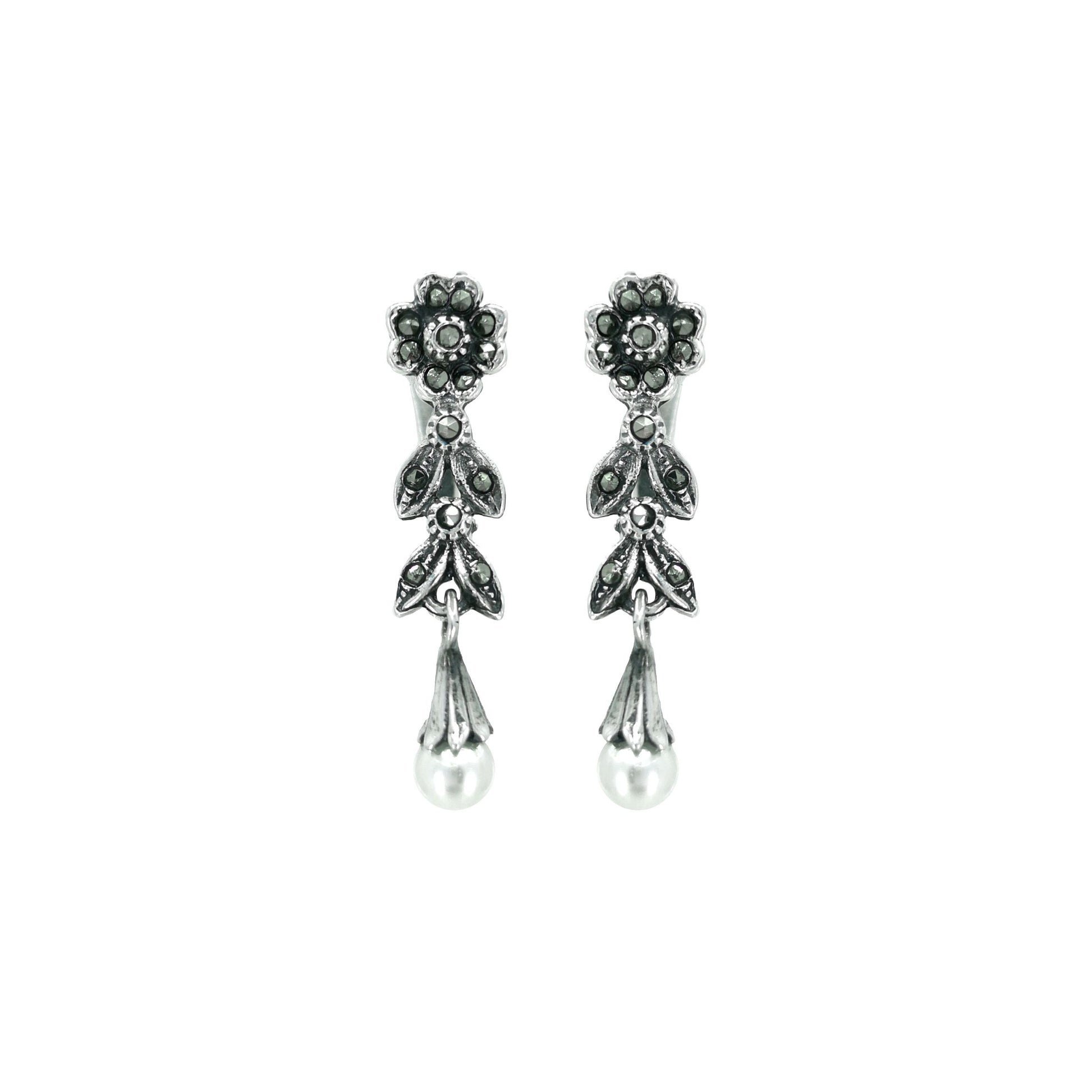 Earrings Teardrop with Marcasites and Pearl in Silver