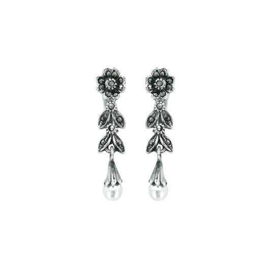 Earrings Teardrop with Marcasites and Pearl in Silver