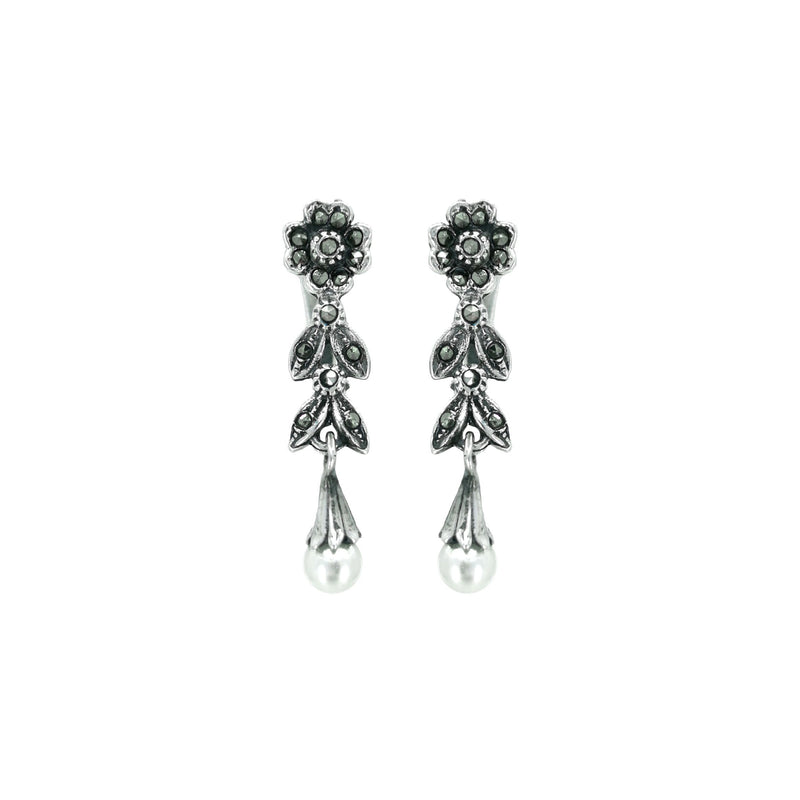 Earrings Teardrop with Marcasites and Pearl in Silver