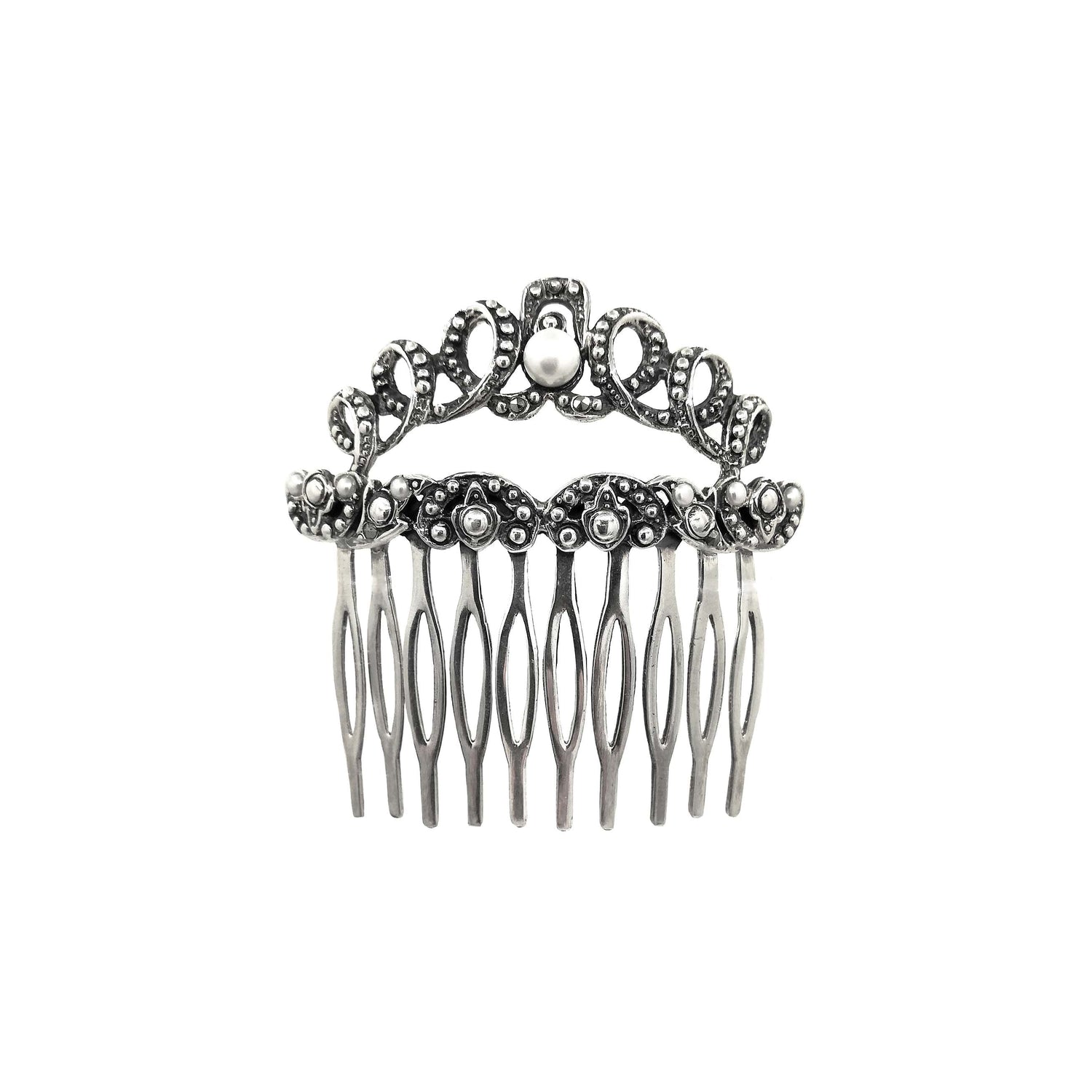Hair Comb with Marcasites and Pearls in Silver