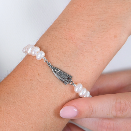Pulseira Nossa Senhora de Fátima em Prata com Pérolas