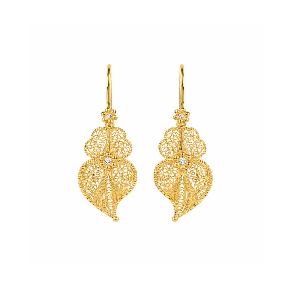 Boucles d'Oreilles Cœur de Viana Fleur en Or 19,2 Carats et Diamants