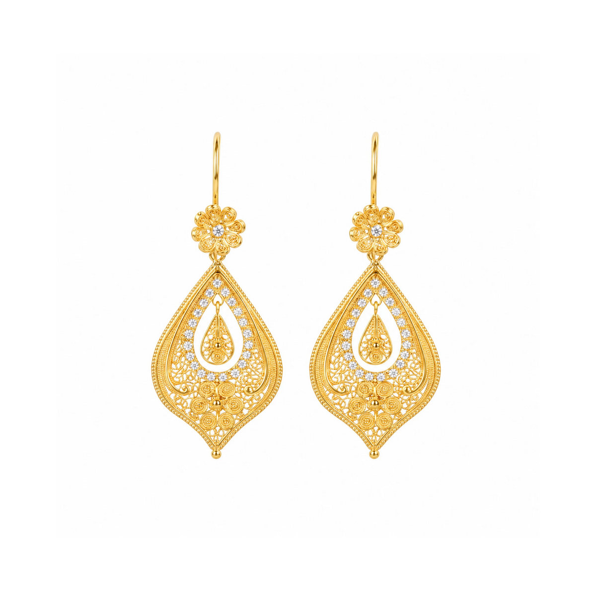 Pendientes Lágrima Flor de Oro 19,2Kt con Diamantes